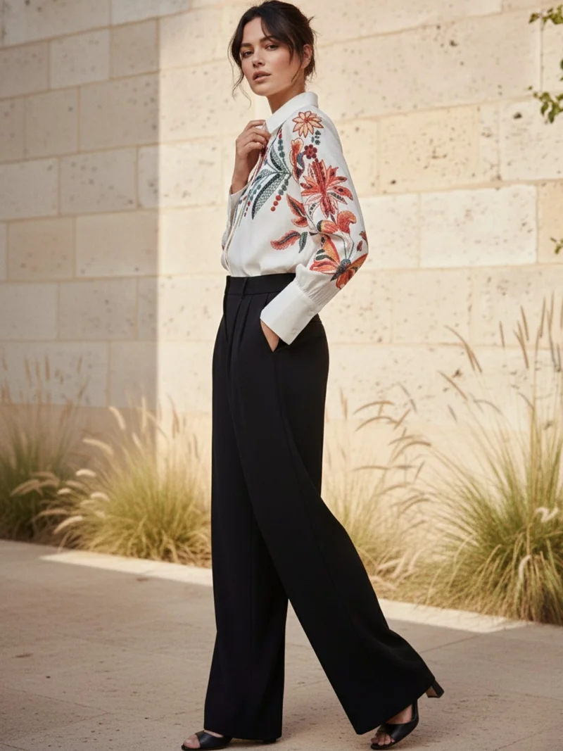 Outzidr  Off White Bishop Sleeve Front Buttoned Embroidered Top for Women | Best Price UAE